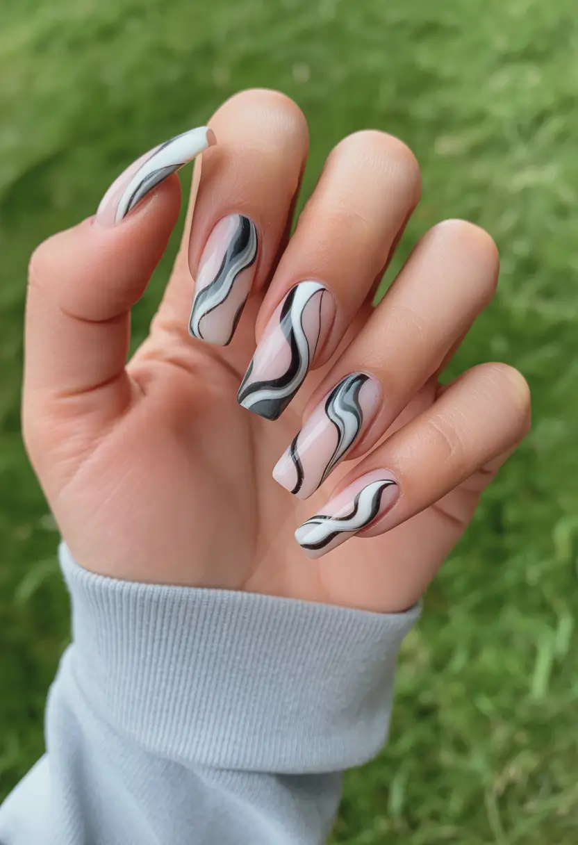 fall coffin nail ideas 2025+Monochrome Movement in Black and White