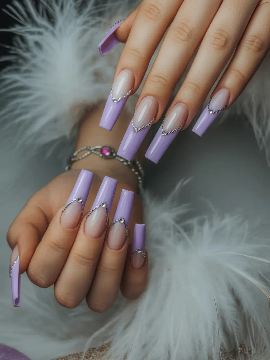 fall coffin nail ideas 2025+Lavender Chrome Royalty