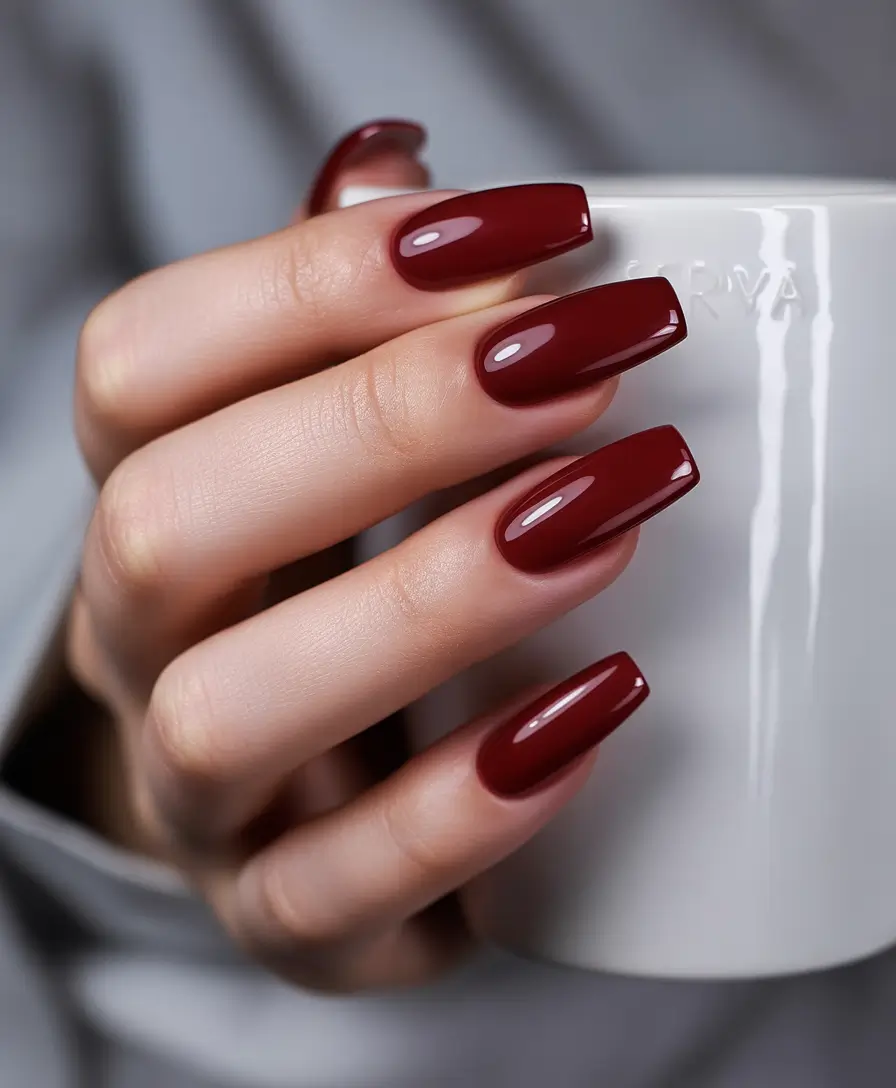 fall coffin nail ideas 2025+Classic Burgundy Confidence