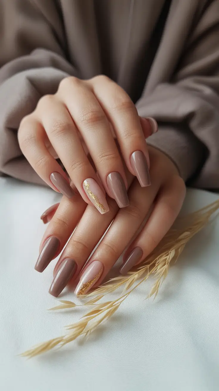 fall coffin nail ideas 2025+Matte Mocha with a Hint of Gold