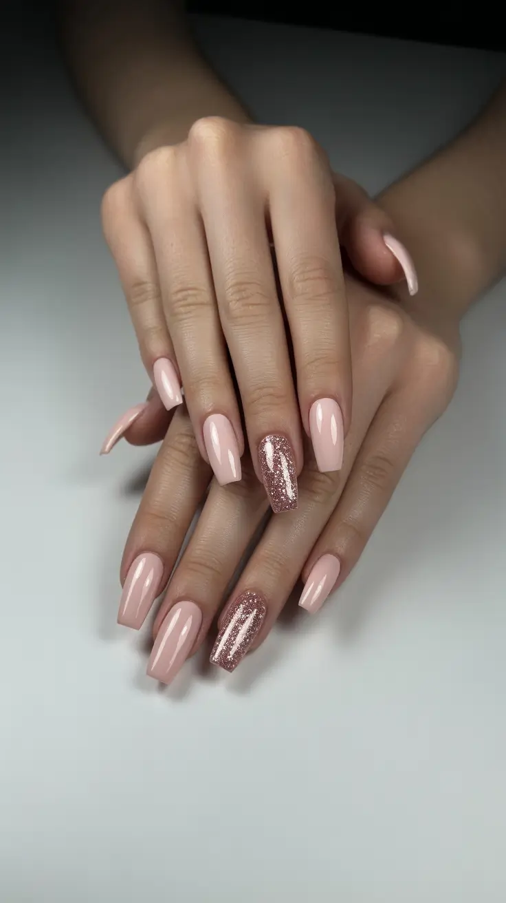 fall coffin nail ideas 2025+Blush & Glitter for Soft Evenings