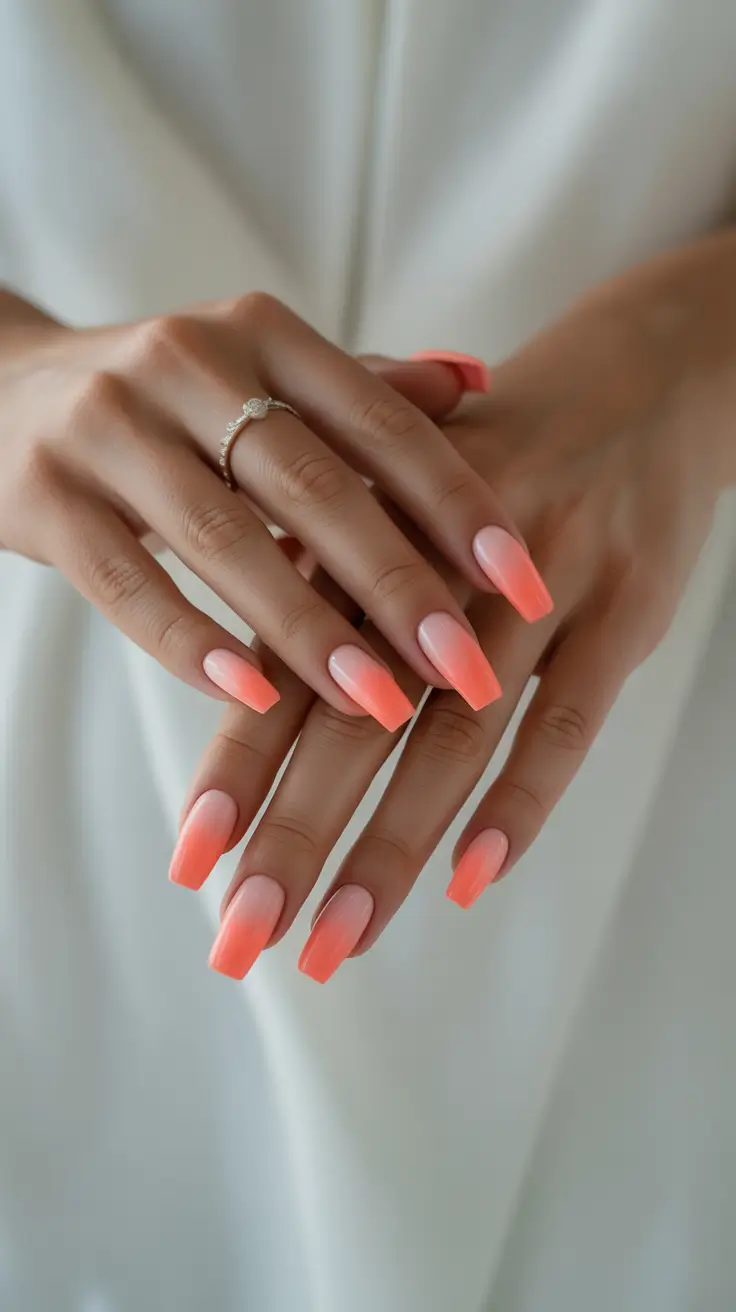 fall coffin nail ideas 2025+Peach Sorbet Ombré