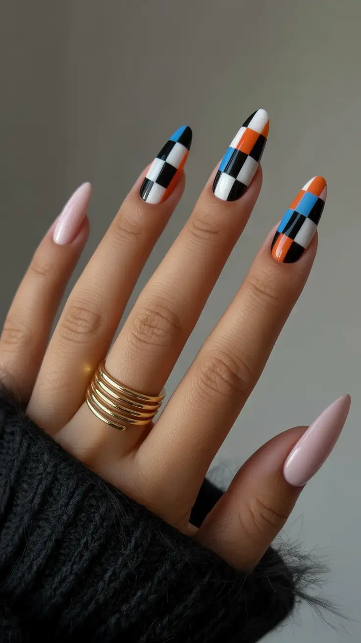 Fall Color-Block Nails 2025 Modern Checkerboard with a Twist