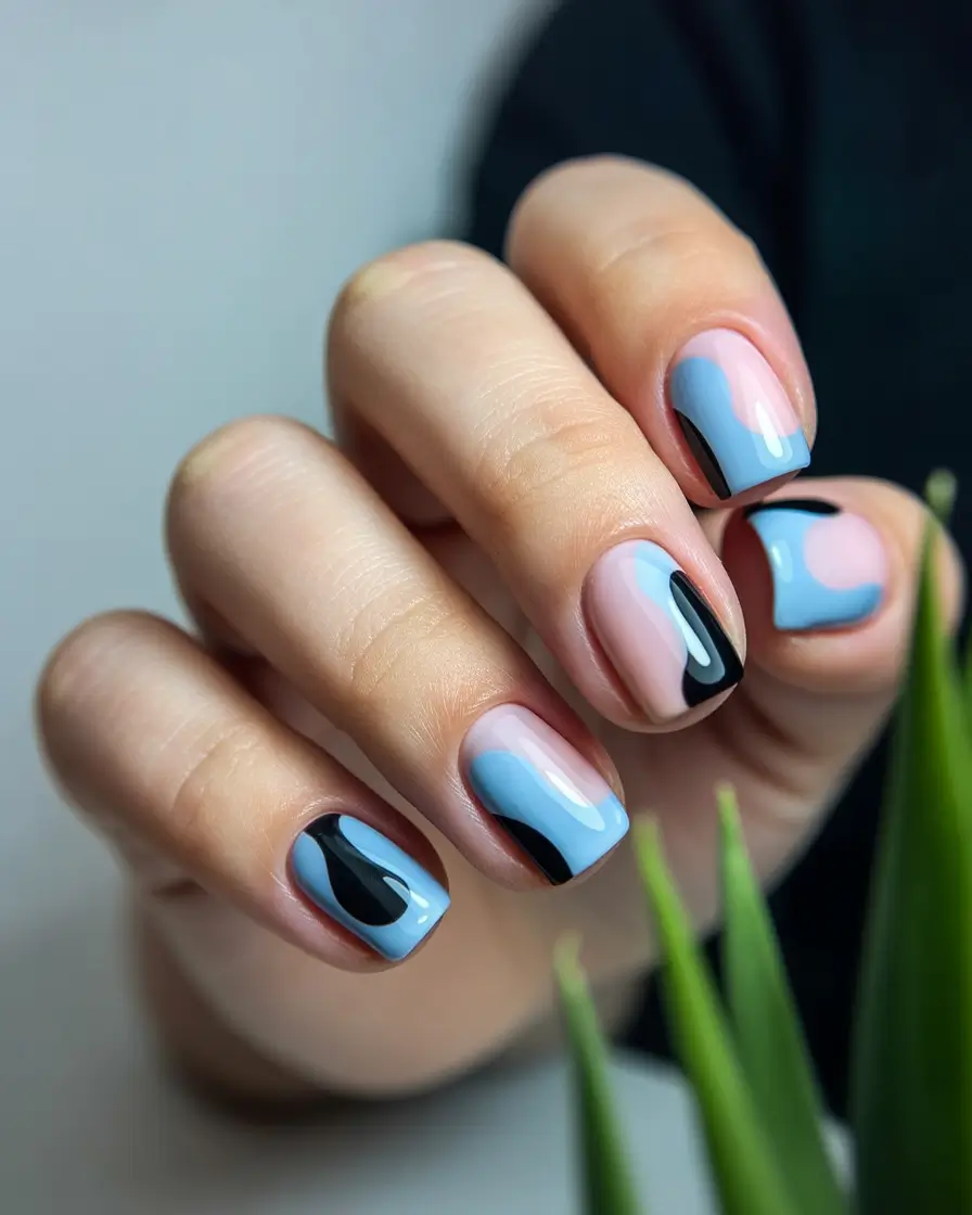 Fall Color-Block Nails 2025 Soft Sky and Midnight Waves