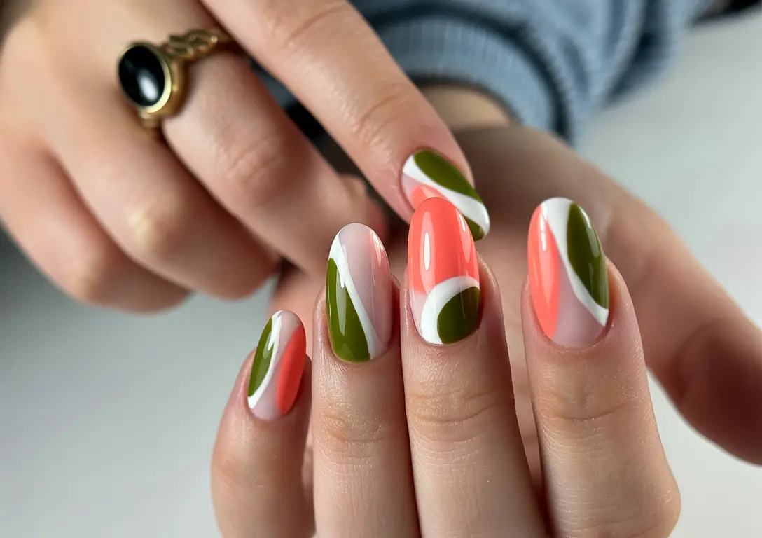 Fall Color-Block Nails 2025 Olive and Coral Harmony