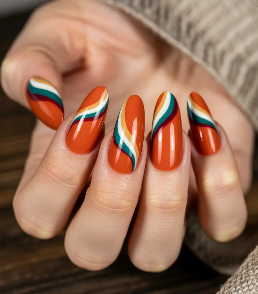 Fall Color-Block Nails 2025 Burnt Orange Waves