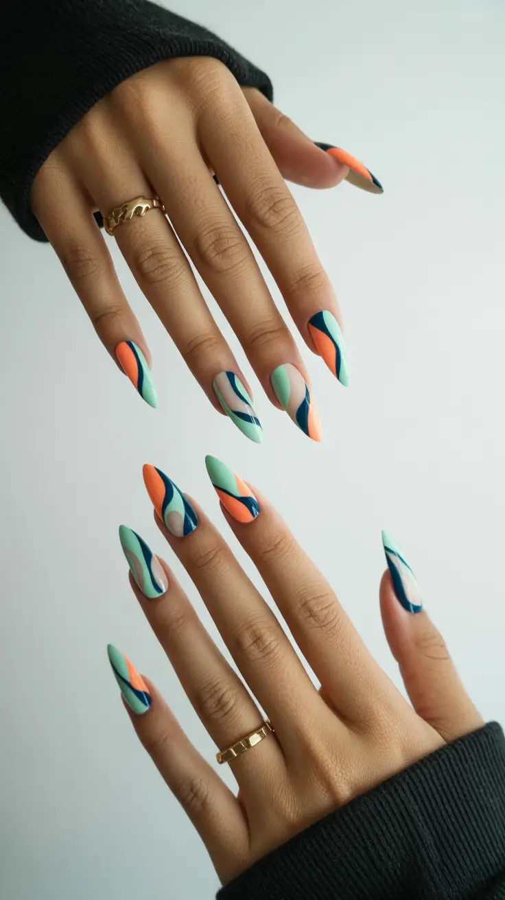 Fall Color-Block Nails 2025 Mint and Coral Fluidity