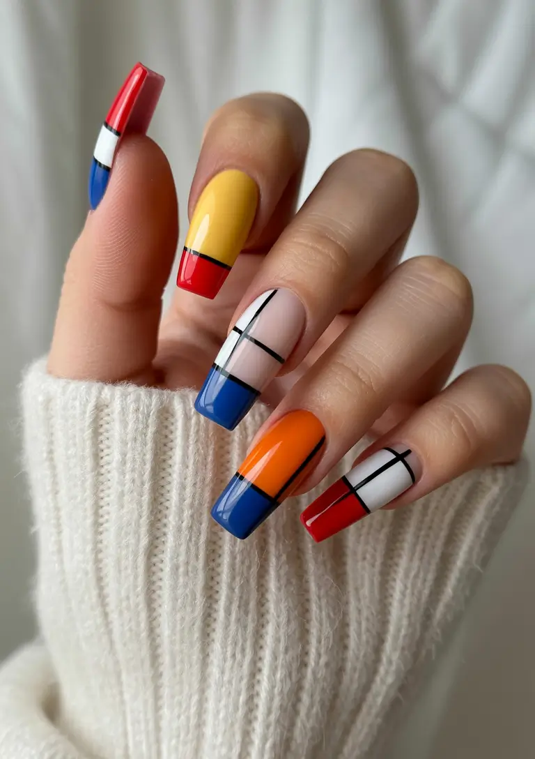 Fall Color-Block Nails 2025 Modern Mondrian Lines