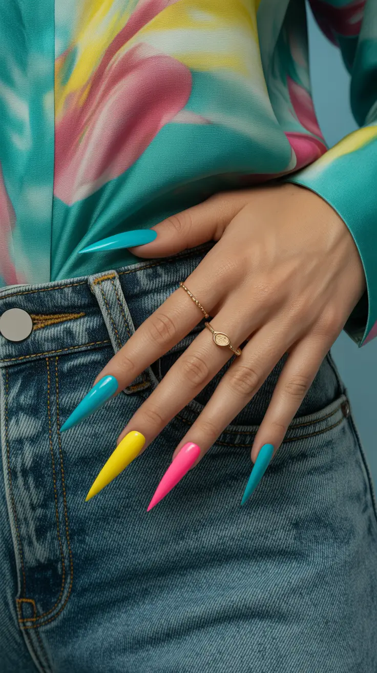 Fall Color-Block Nails 2025 Neon-Tipped Stilettos