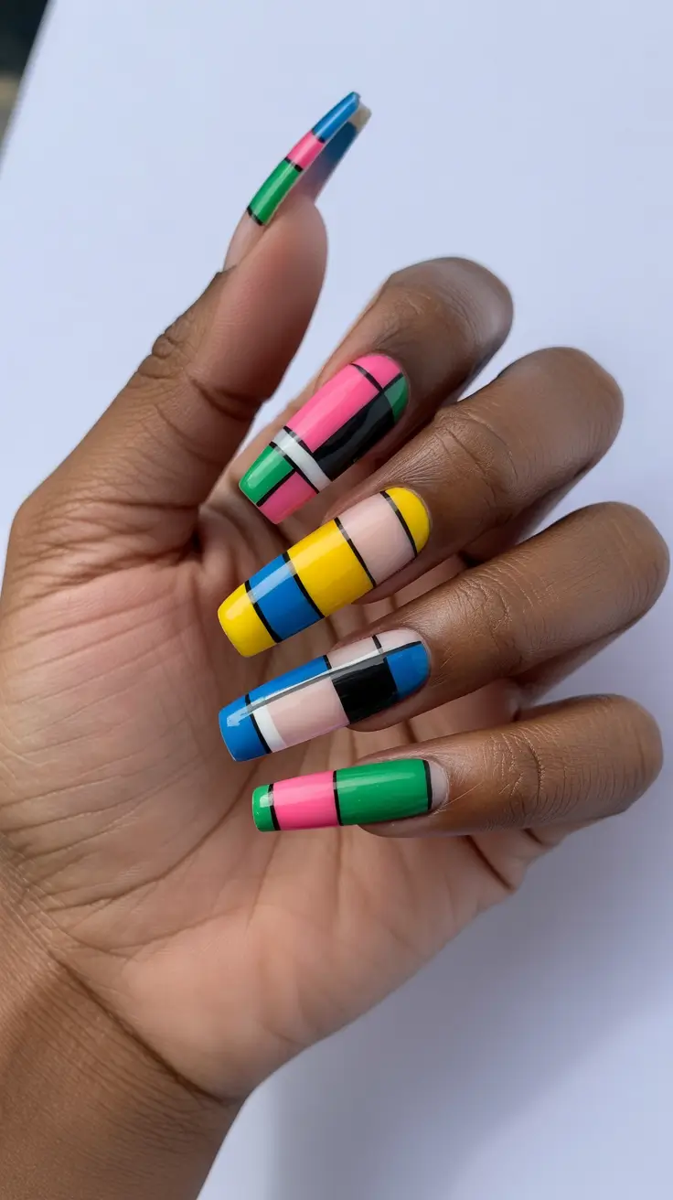 Fall Color-Block Nails 2025 Vibrant Blocks on Dark Skin