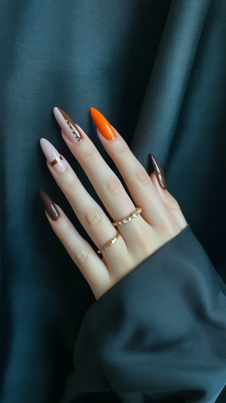 Fall Color-Block Nails 2025 Mocha and Tangerine Layers