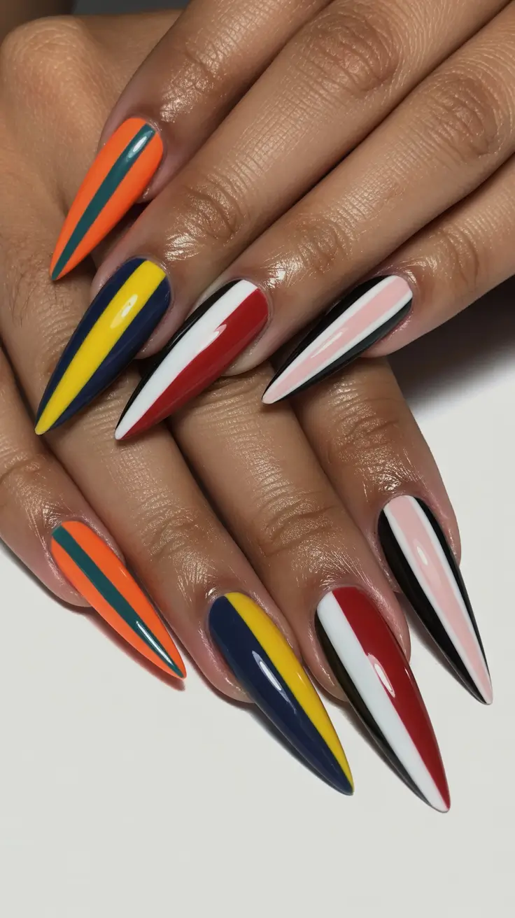 Fall Color-Block Nails 2025 Elongated Retro Stripes