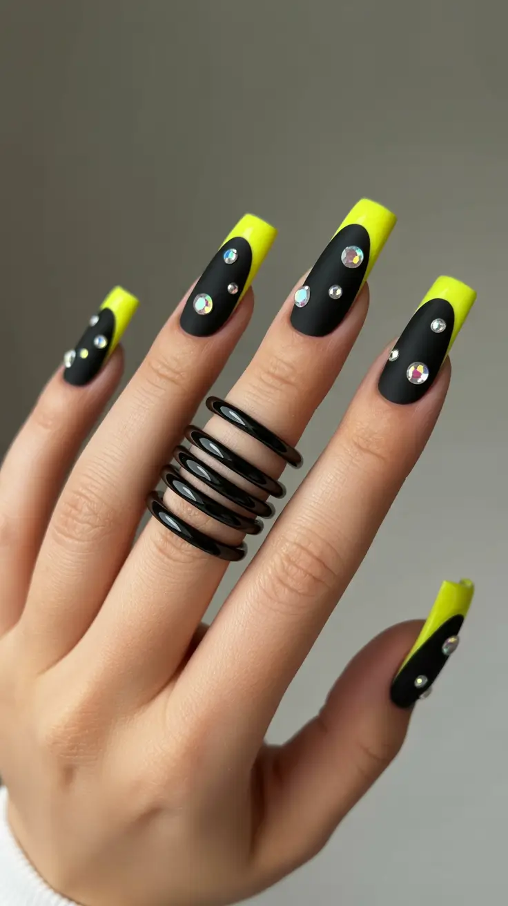 Fall Color-Block Nails 2025 Neon Noir with Crystals