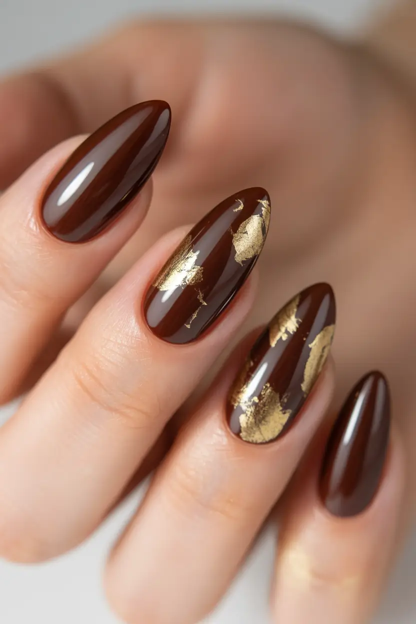 fall color nails 2025 Deep Mocha & Gilded Foil