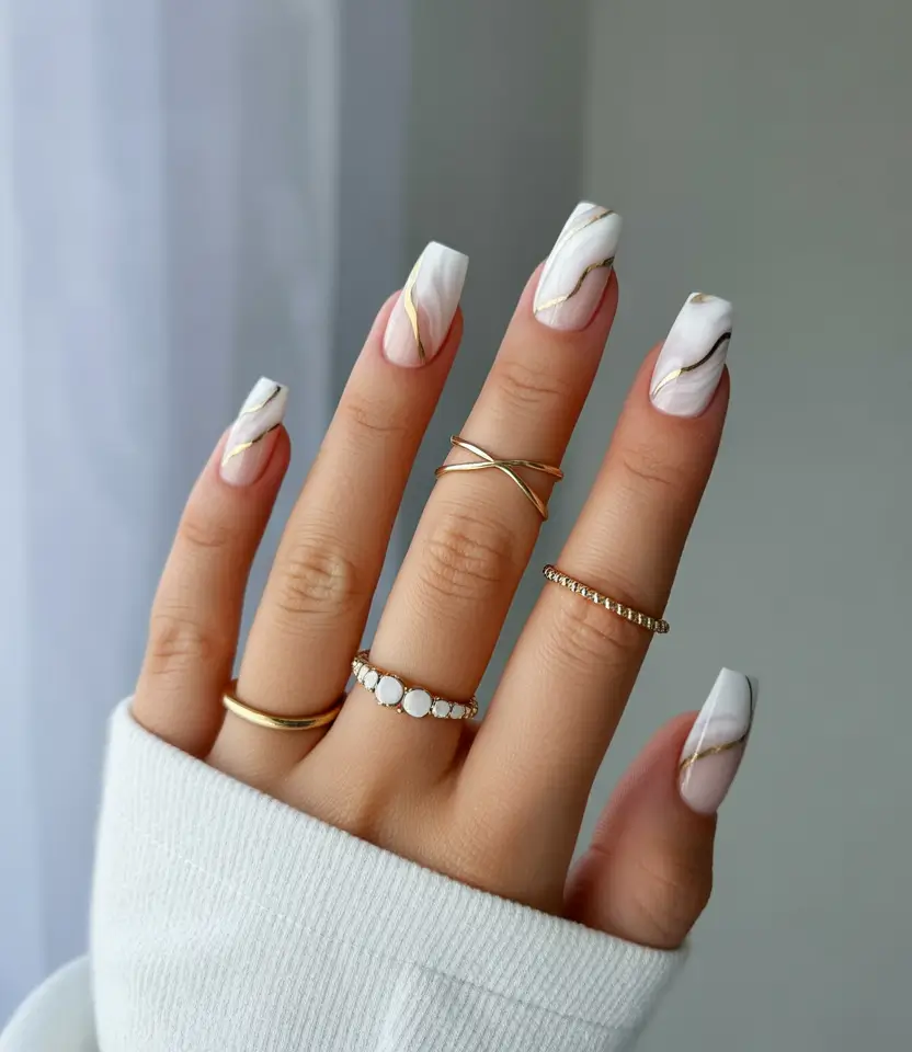fall color nails 2025 White Marble with Soft Gold Veining