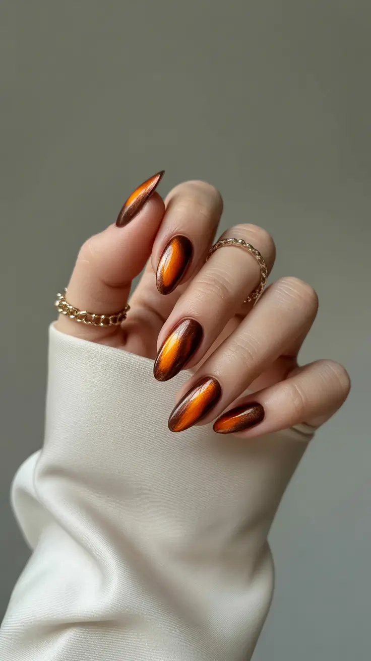 fall color nails 2025 Burnt Copper Chrome Cat Eye