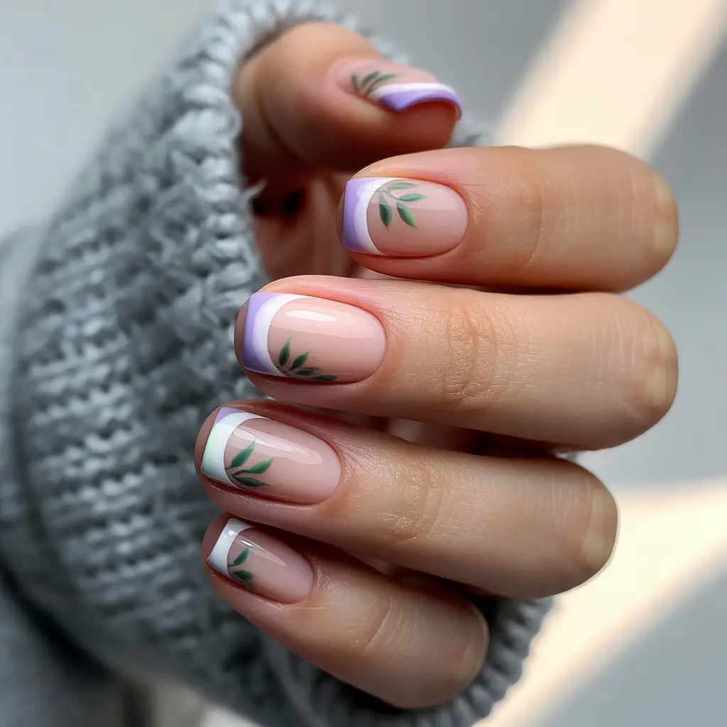 fall color nails 2025 Lavender-Tipped Minimalism with Leaf Detail