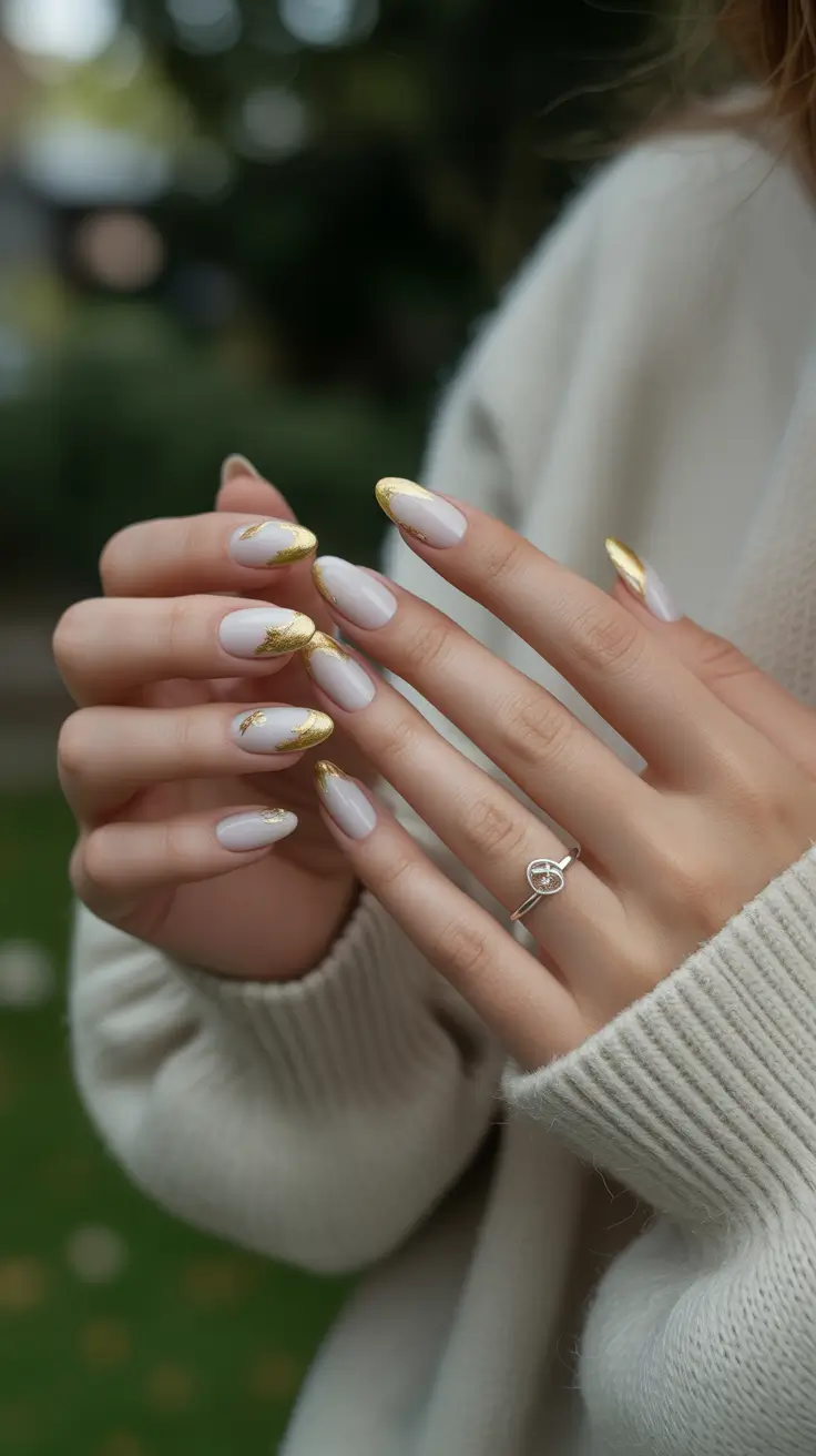 fall color nails 2025 Frosted Almond with Golden Leafing