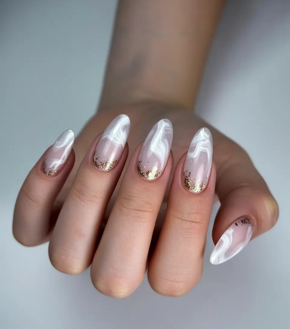 fall color nails 2025 Pink Quartz Marble with Gold Foil