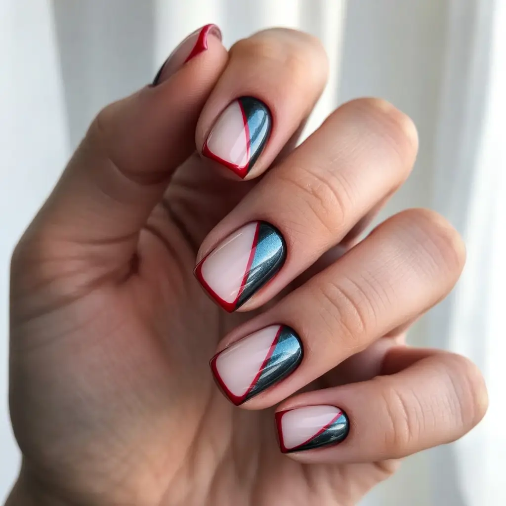 fall color nails Glossy Burgundy and Steel with Graphic Tips