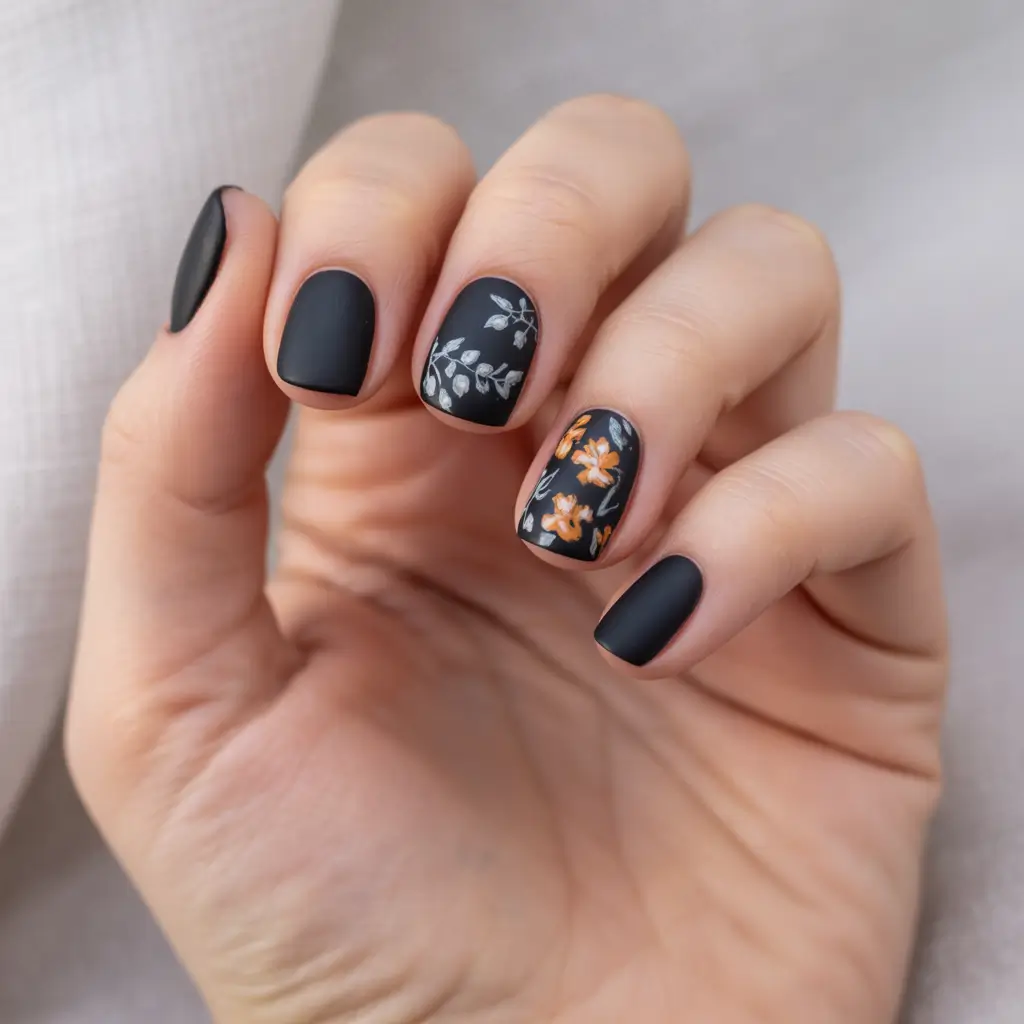fall color nails Matte Noir with Delicate Botanical Florals