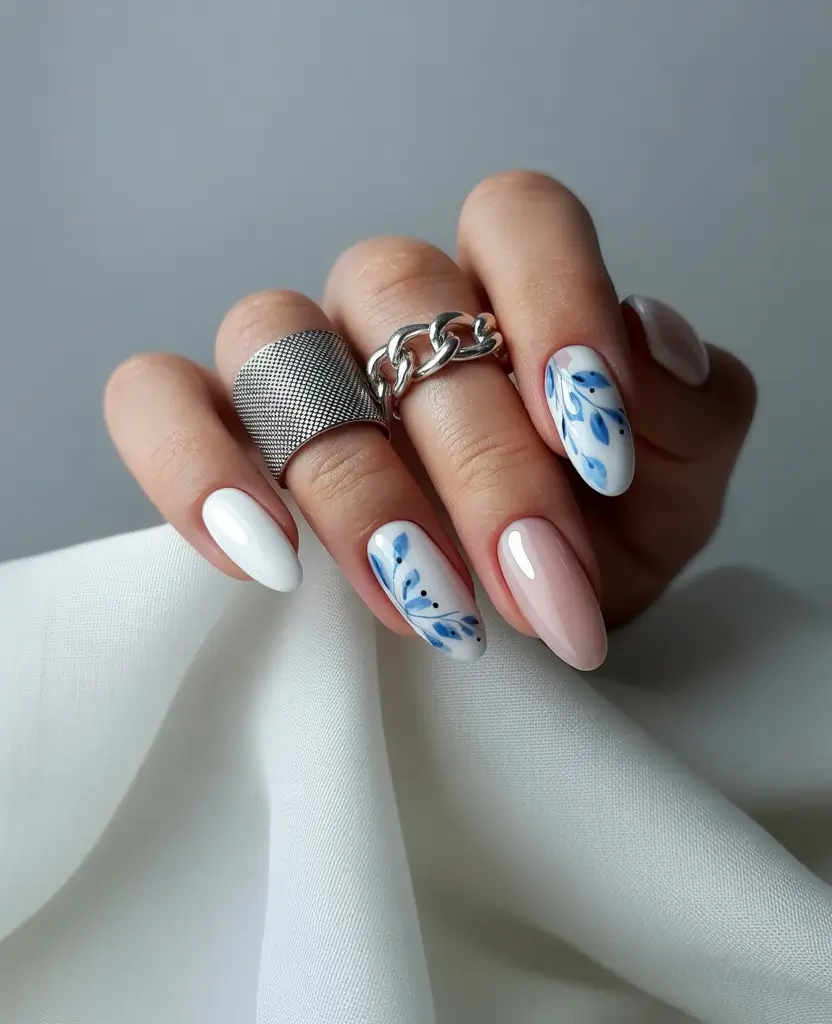 fall color nails Porcelain Blue Florals on Almond Tips
