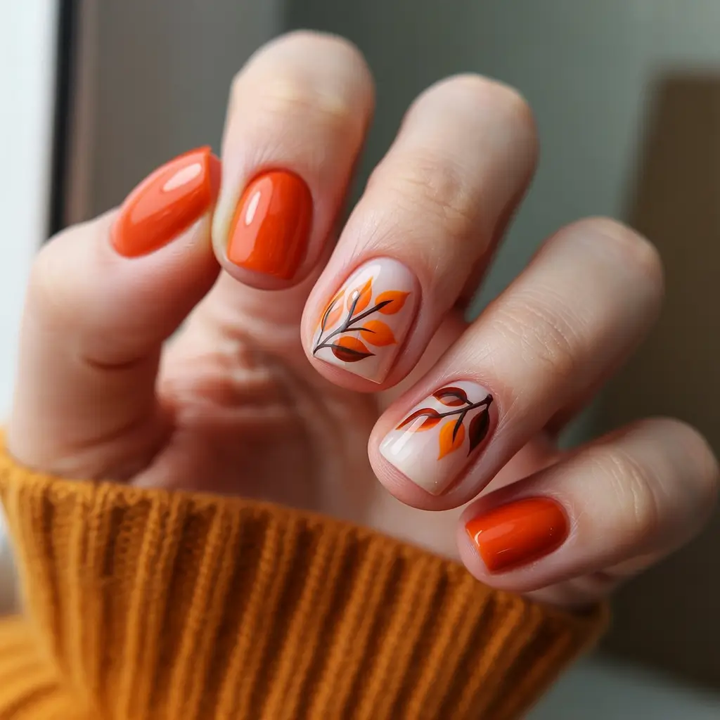 fall color nails 2025 Pumpkin Creamsicle & Falling Leaves