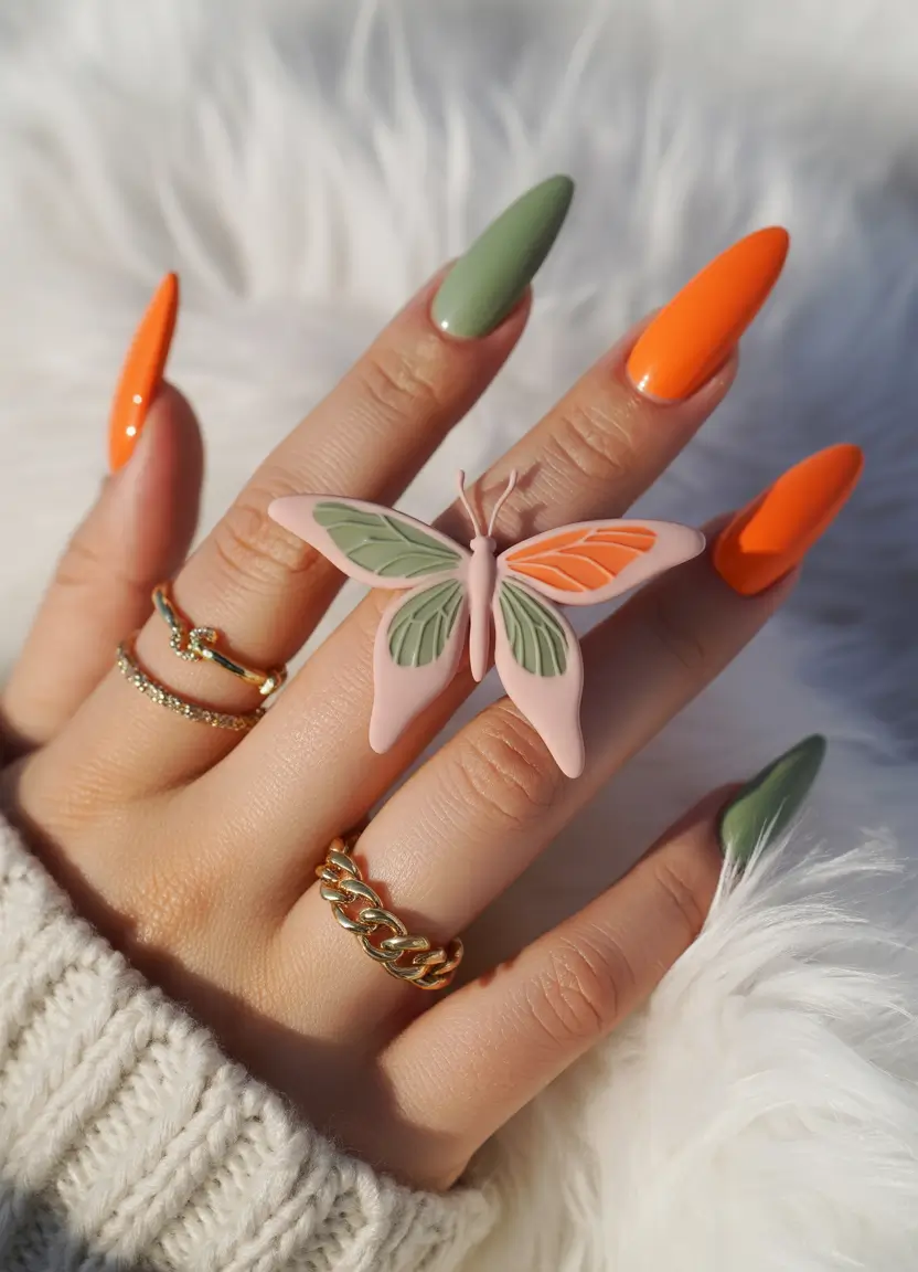 fall color nails Bold Citrus and Olive Duo for Almond Nails
