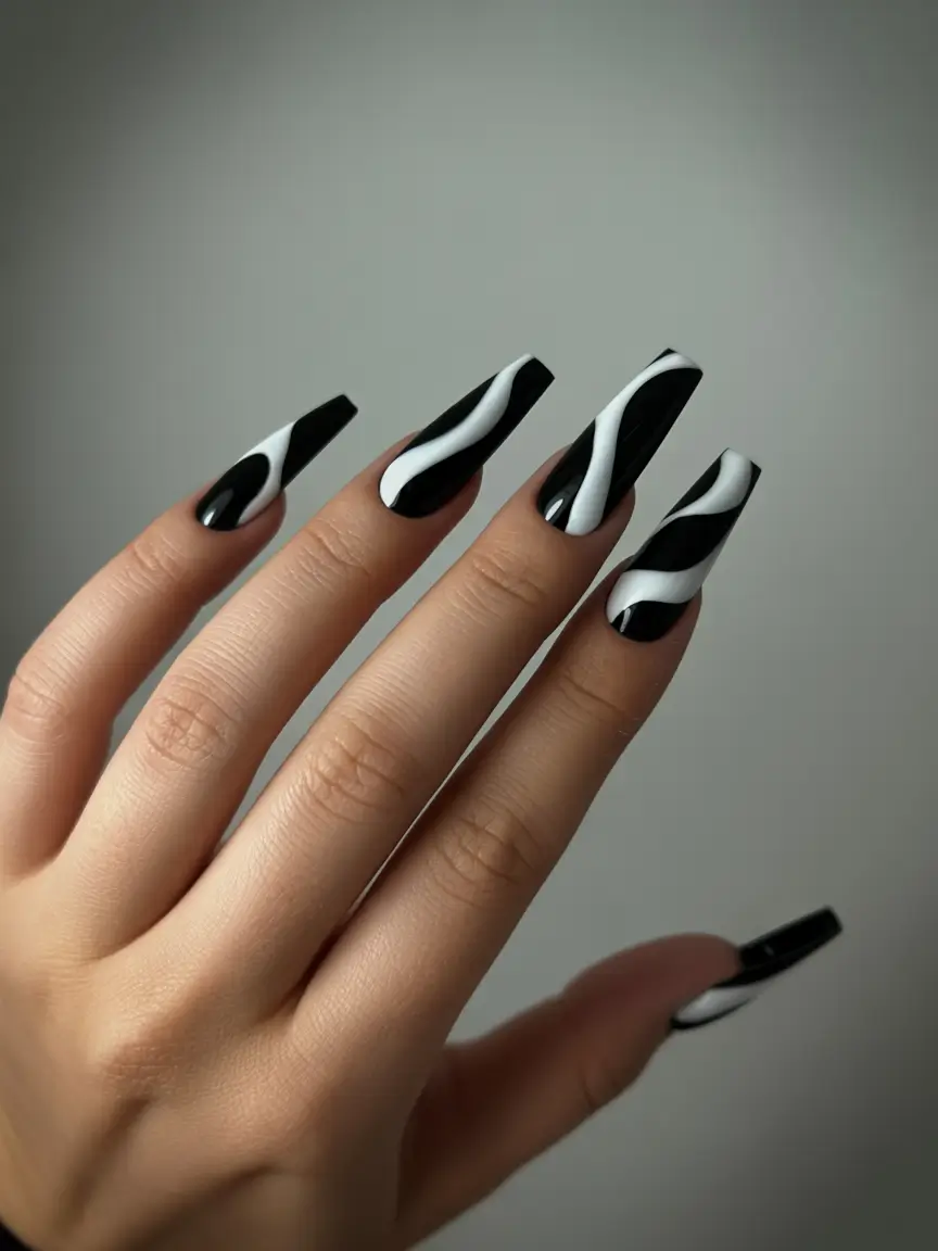 fall color nails Edgy Monochrome Waves on Coffin Nails