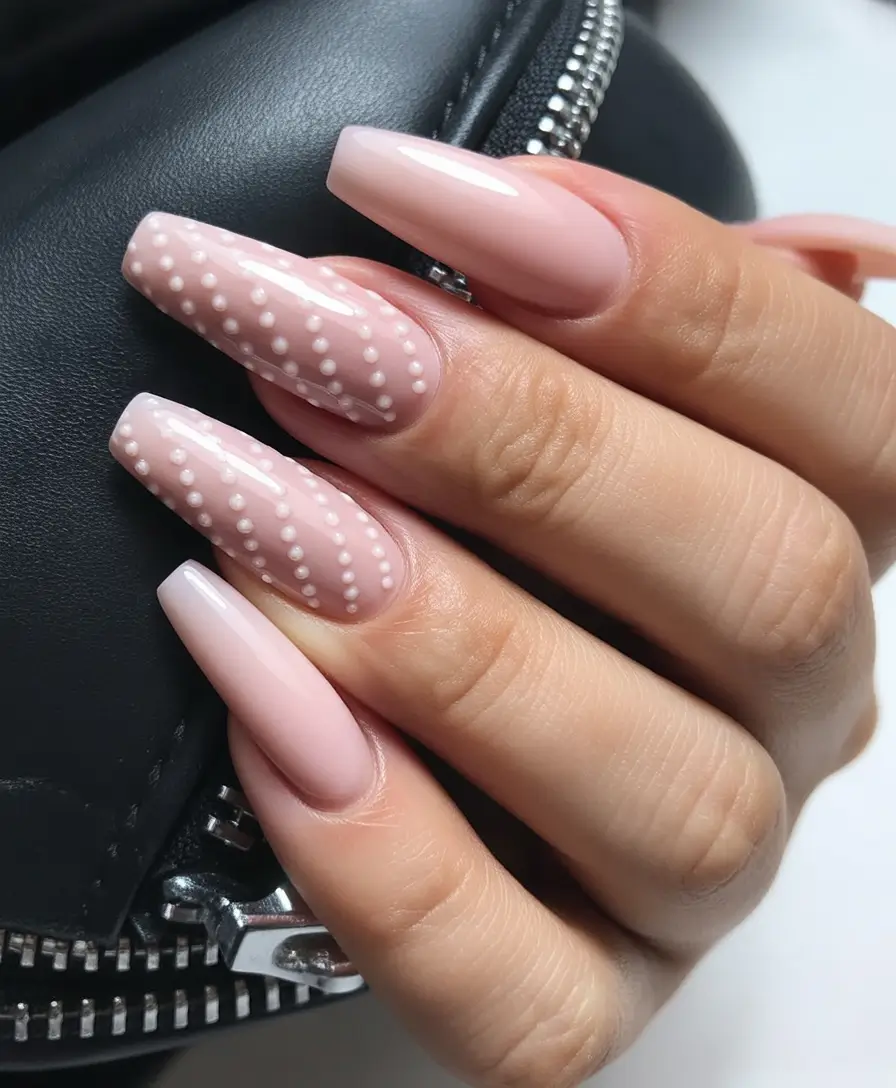 fall color nails Milky Pink Elegance with Dot Embellishments