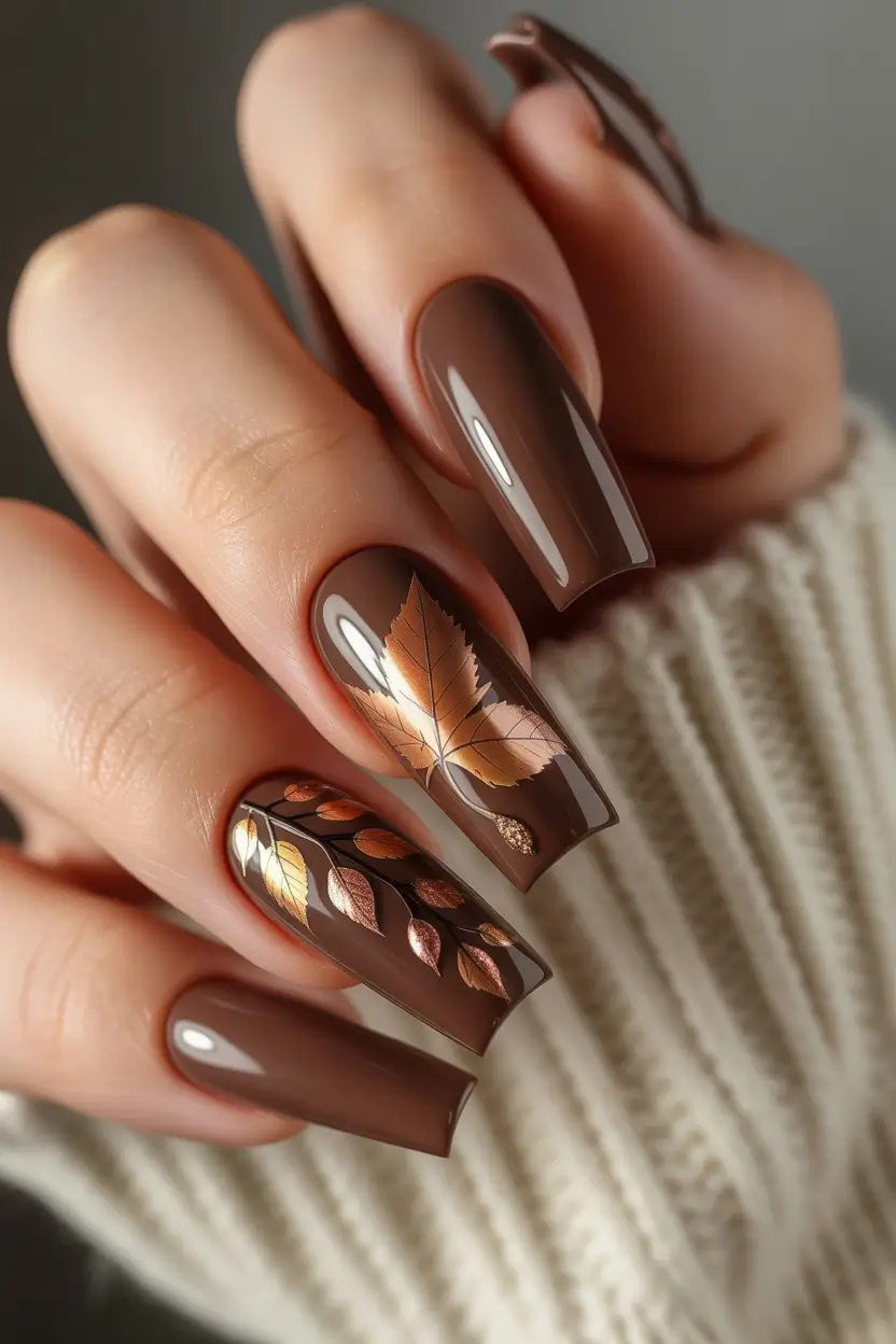 fall color nails Chocolate Glaze with Metallic Fall Leaves