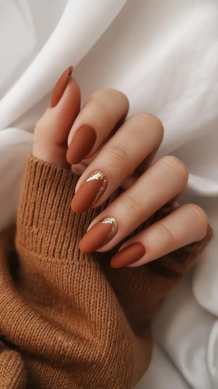 fall color nails 2025 Terracotta Matte with Gold Crescent Spark