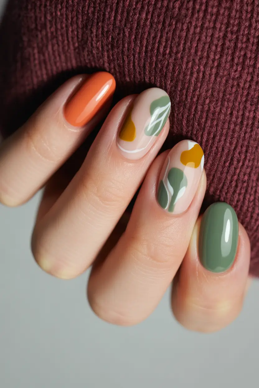 fall color nails 2025 Retro Green & Orange Abstract Swirls