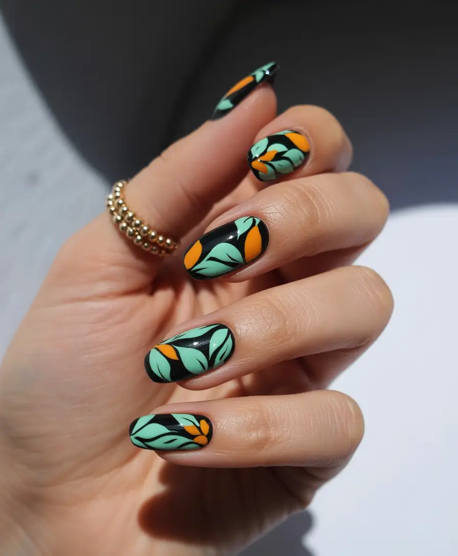 fall color nails 2025 Bold Tropic Meets Fall Leaf