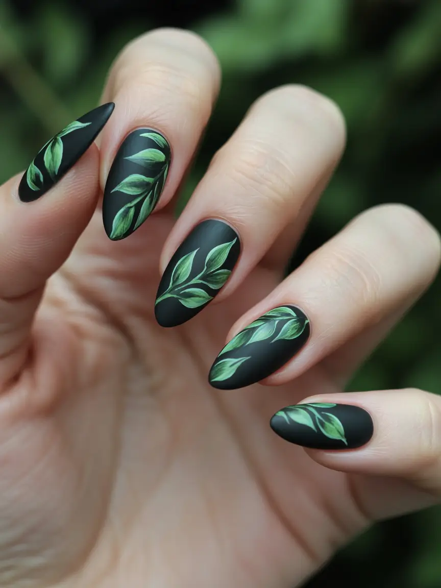 fall color nails 2025 Matte Jungle Greens on Charcoal