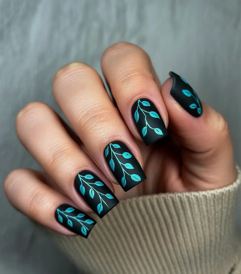 fall color nails 2025 Minimalist Sky Blue Vines on Matte Black