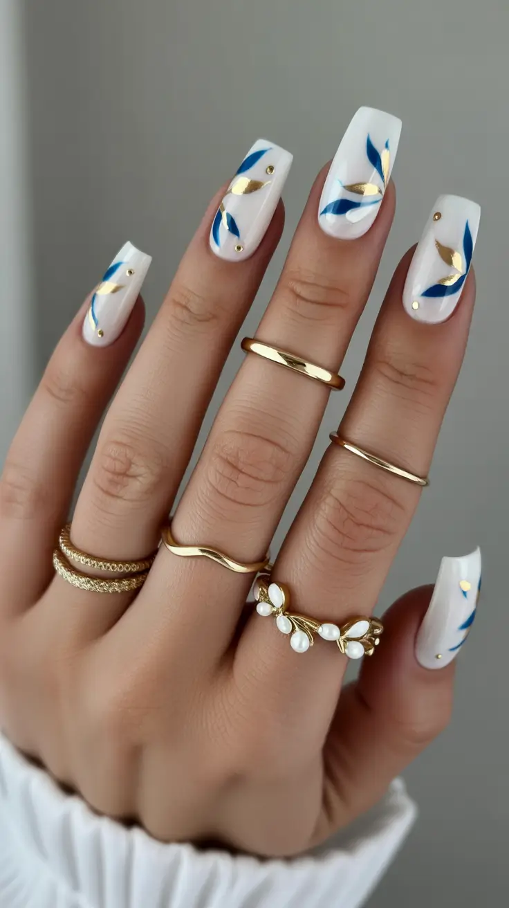 fall color nails 2025 Porcelain Blue & Gold Leaf Elegance