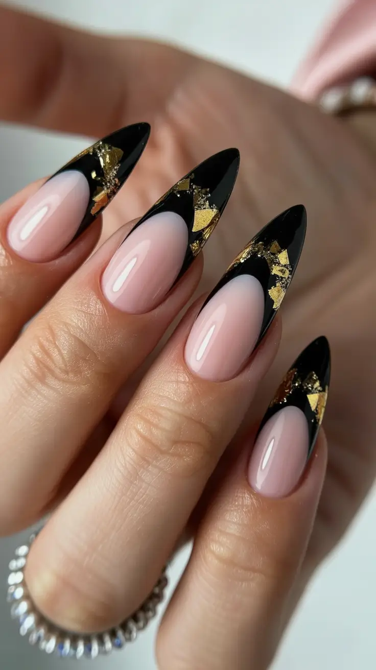 Fall Foil Accent Nails 2025 Sharp Black French with Gold Foil