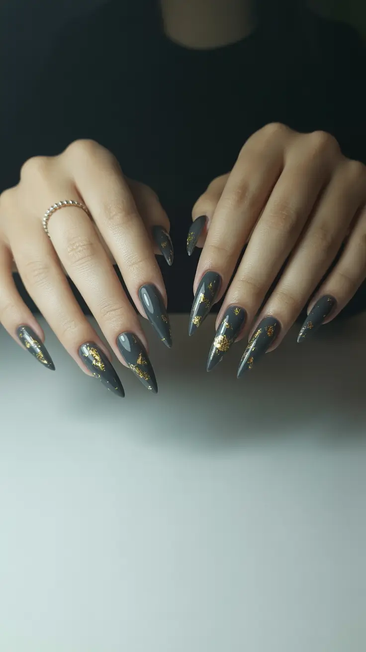 Fall Foil Accent Nails 2025 Charcoal Elegance with Gold Foil Accents