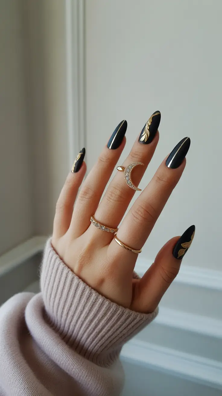 Fall Foil Accent Nails 2025 Golden Leaf Noir