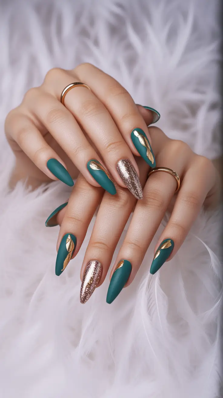 Fall Foil Accent Nails 2025 Teal Velvet with Metallic Flow