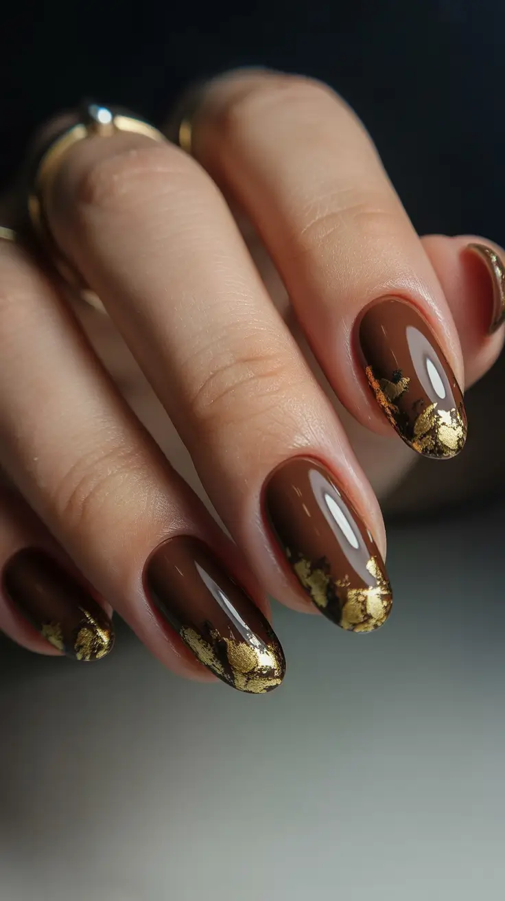 Fall Foil Accent Nails 2025 Golden Espresso Shine