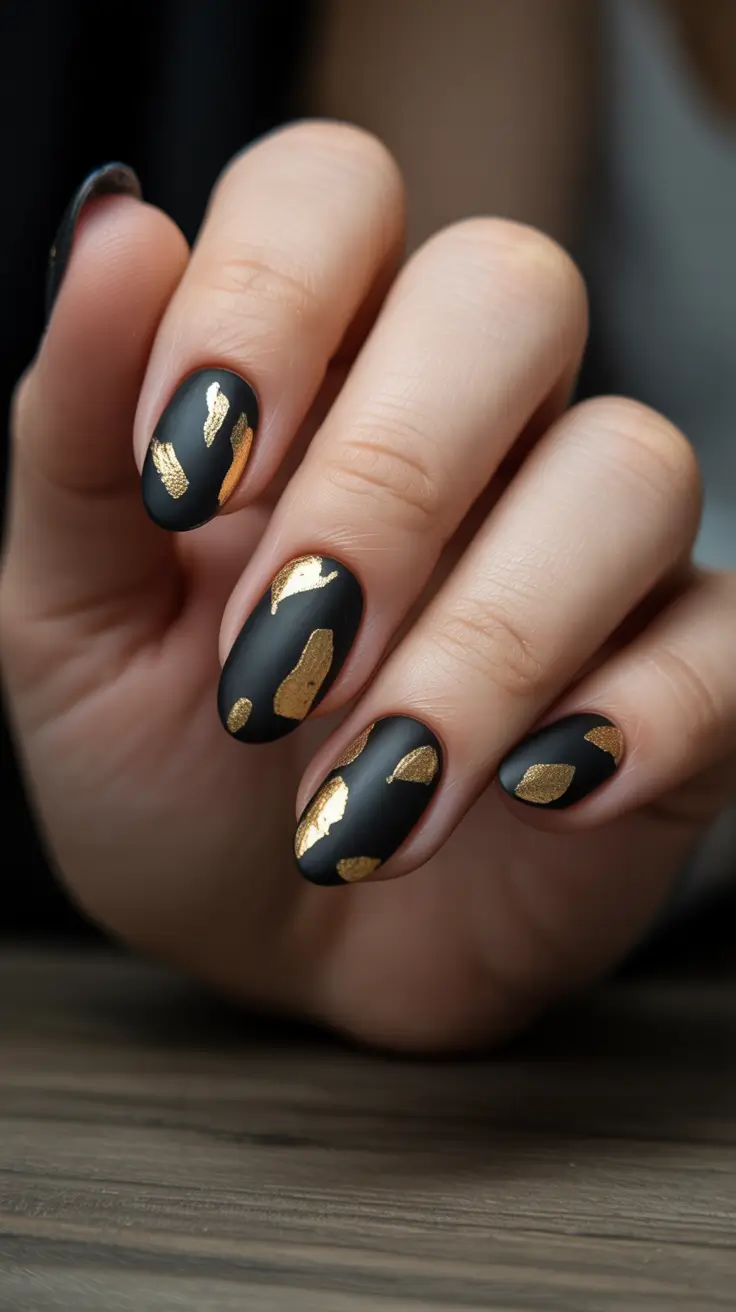 Fall Foil Accent Nails 2025 Matte Noir with Gold Foil