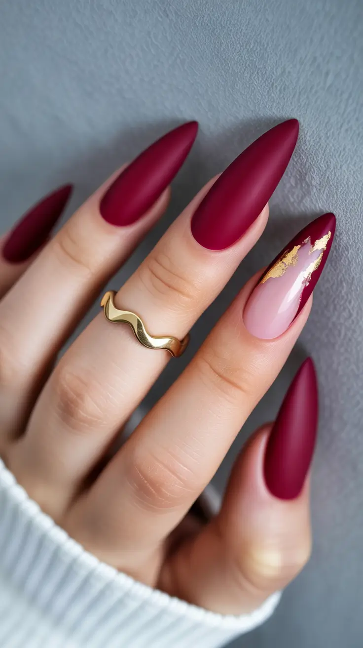 Fall Foil Accent Nails 2025 Velvet Crimson with Gold Accent