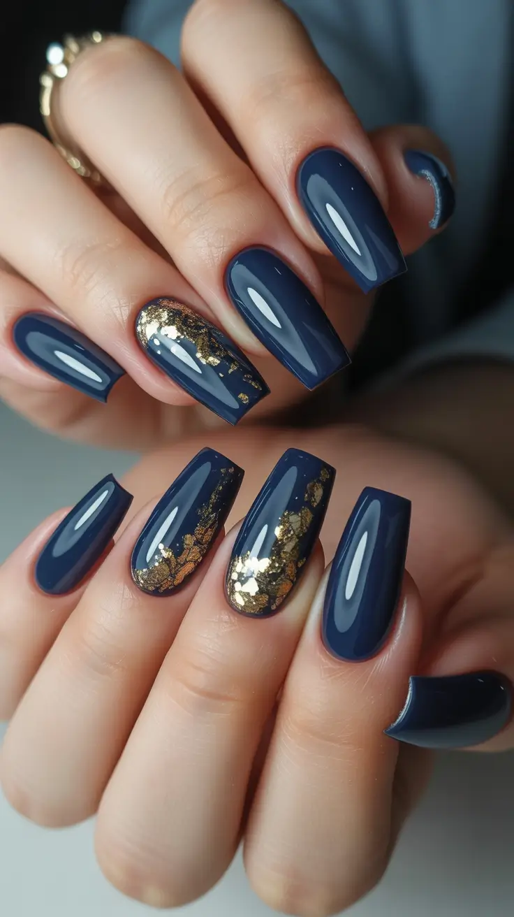 Fall Foil Accent Nails 2025 Midnight Foil Elegance