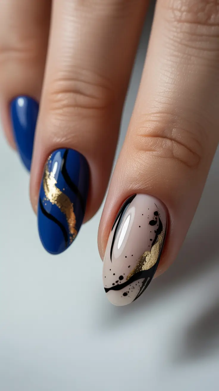 Fall Foil Accent Nails 2025 Blue Waves with Artistic Foil