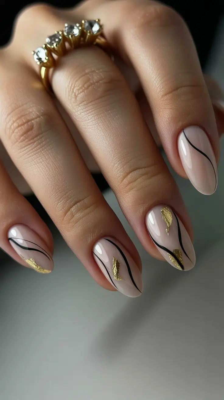Fall Foil Accent Nails 2025 Golden Veins on Nude