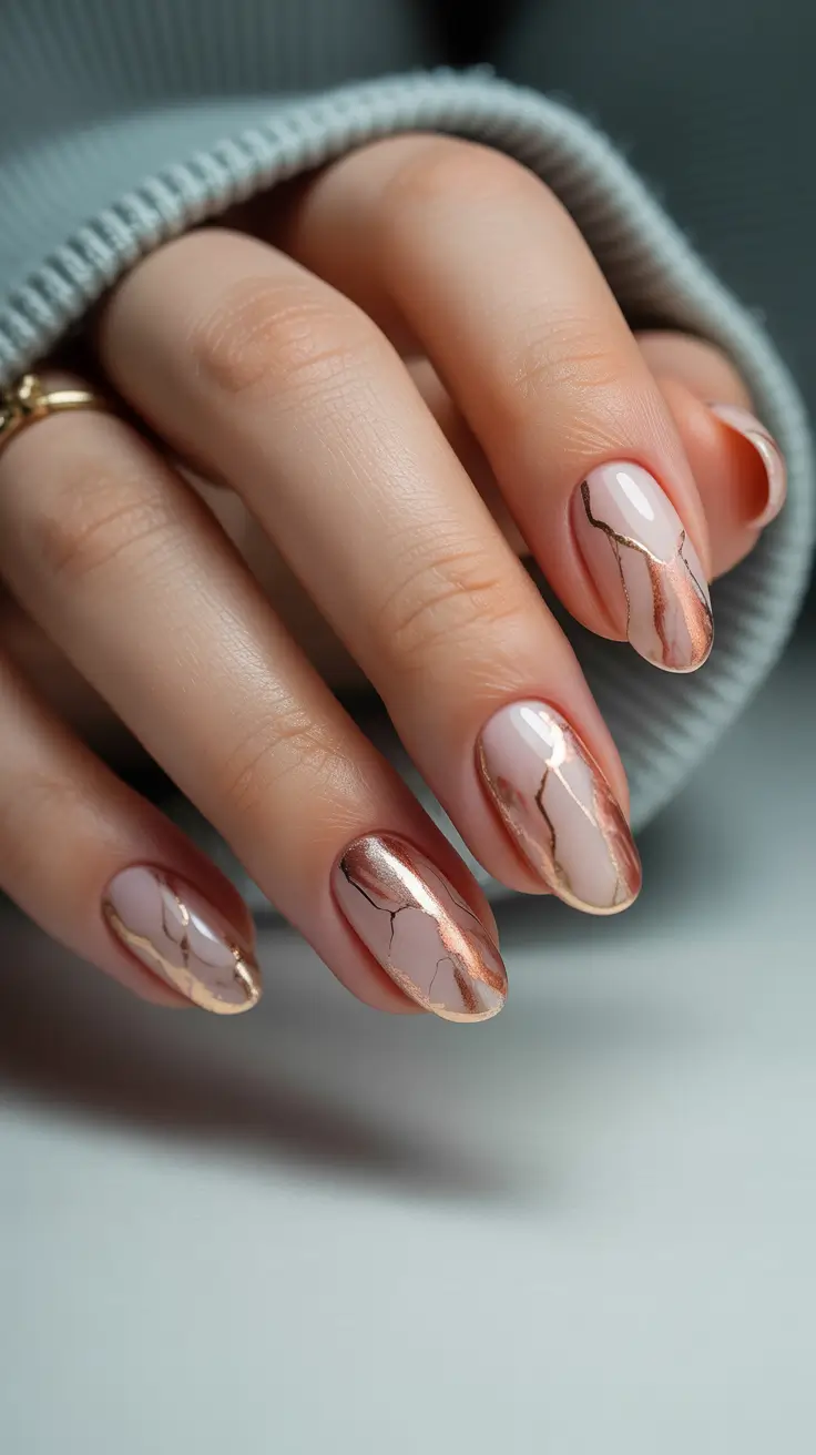 Fall Foil Accent Nails 2025 Marble Veins of Copper