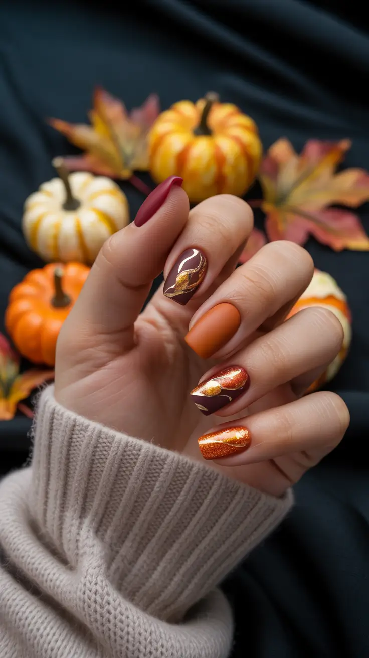 Fall Foil Accent Nails 2025 Pumpkin Spice and Foil Flames