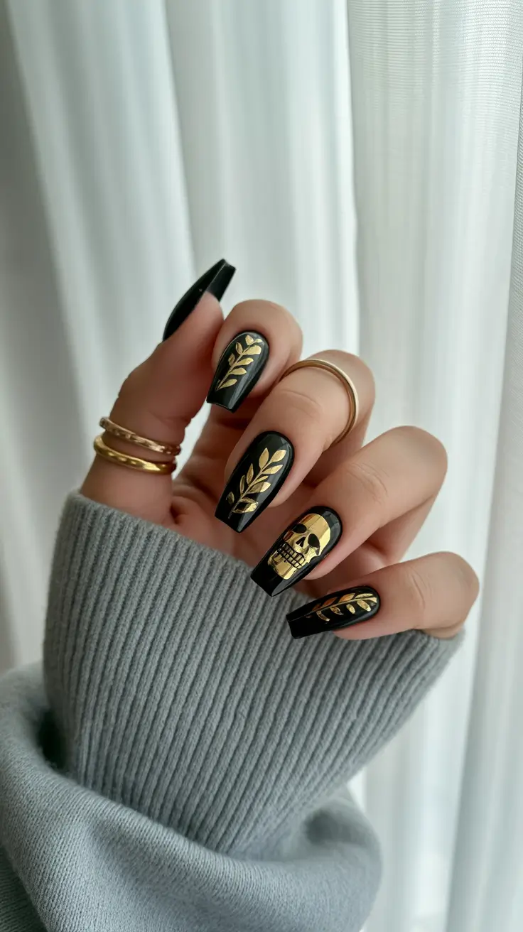 Fall Foil Accent Nails 2025 Midnight Gold Drama